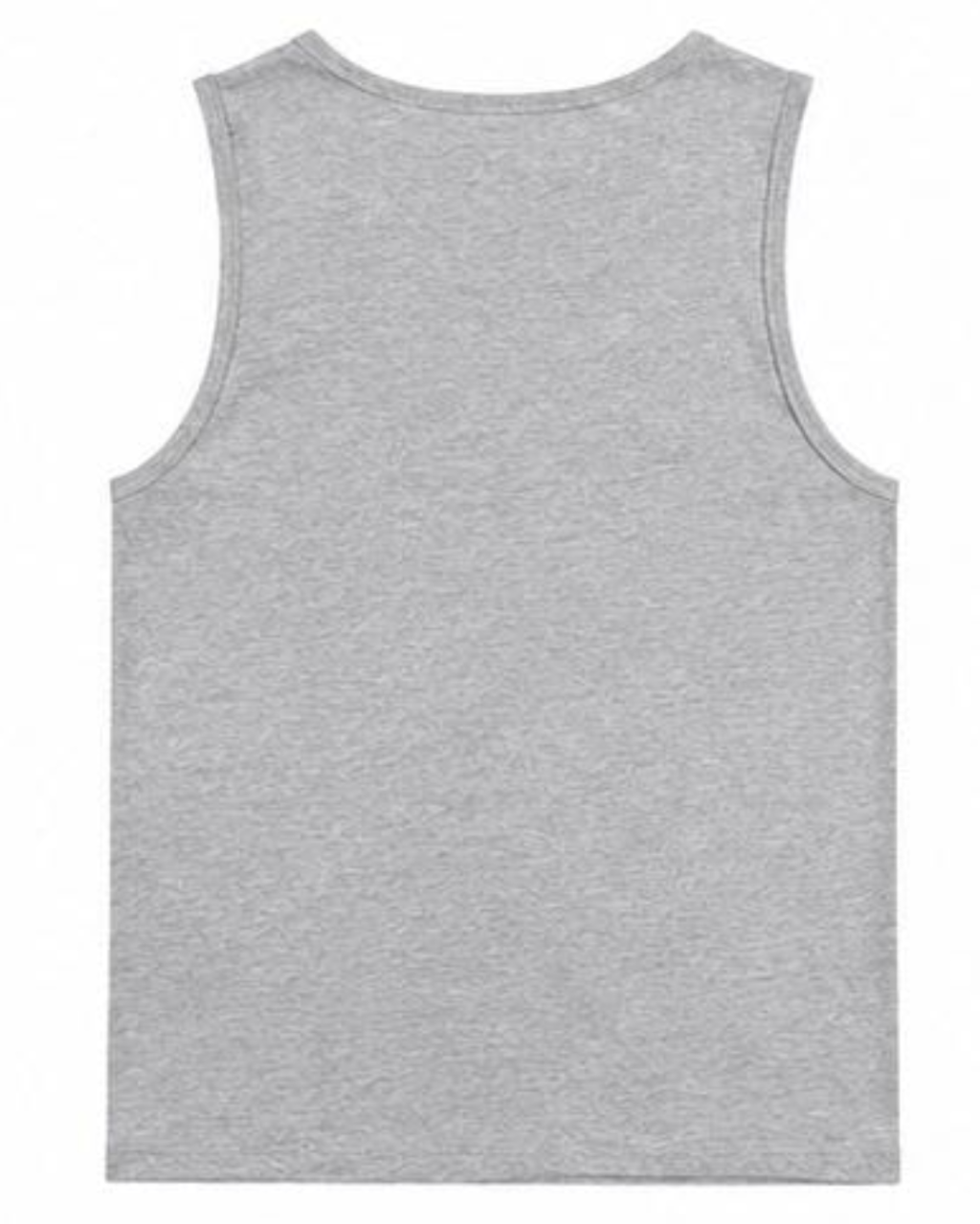 A light gray heather sleeveless tank top shown from the back, photographed flat against a plain white background.