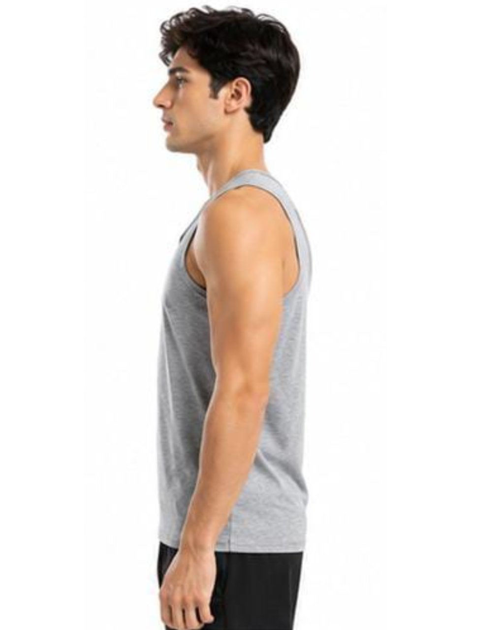 A man in side profile wearing a light gray sleeveless tank top and black pants, photographed against a plain white background.