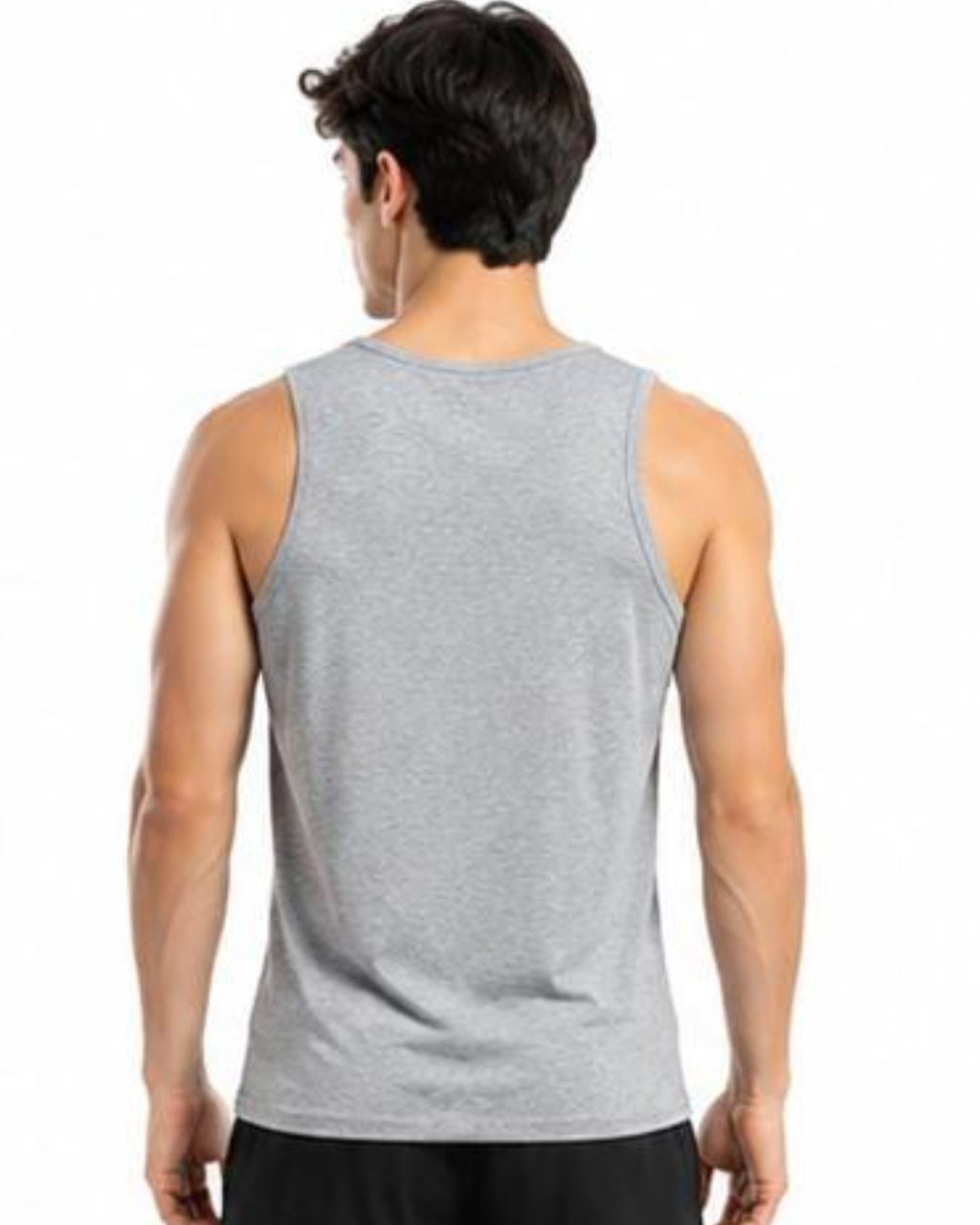 A man viewed from the back wearing a light gray heather sleeveless tank top and black shorts against a plain white background.