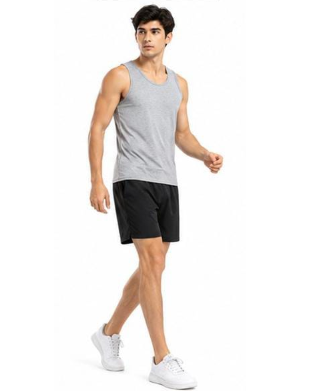 A man modeling a light gray heathered sleeveless tank top and black athletic shorts, paired with white sneakers, against a plain white background.