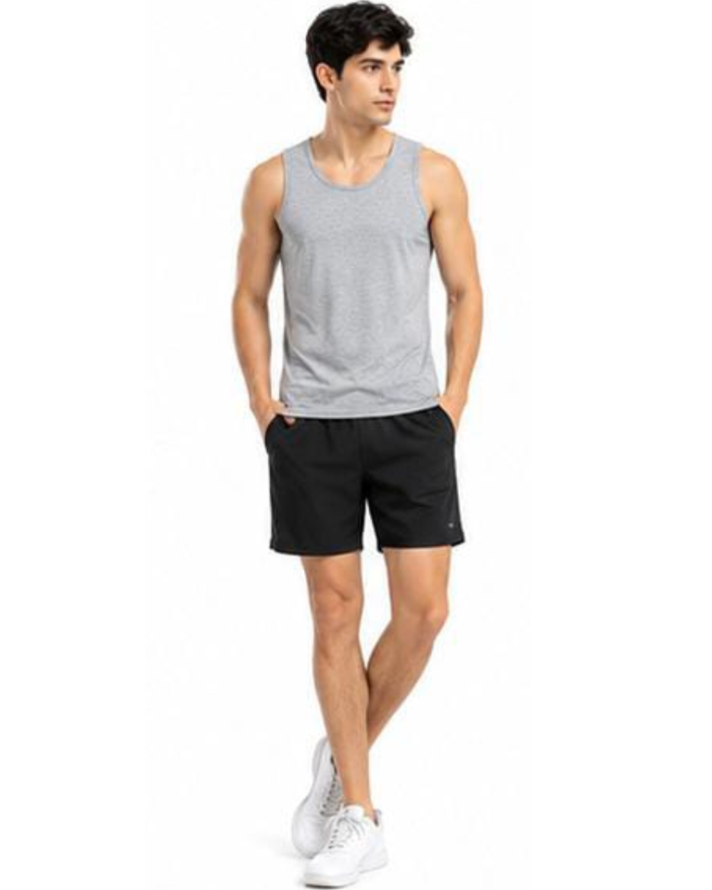A man modeling a light gray sleeveless tank top and black athletic shorts against a plain white background.
