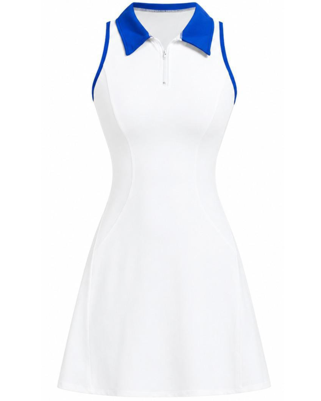 White sleeveless polo-style dress with a blue collar and blue trim details, featuring a short front zipper.