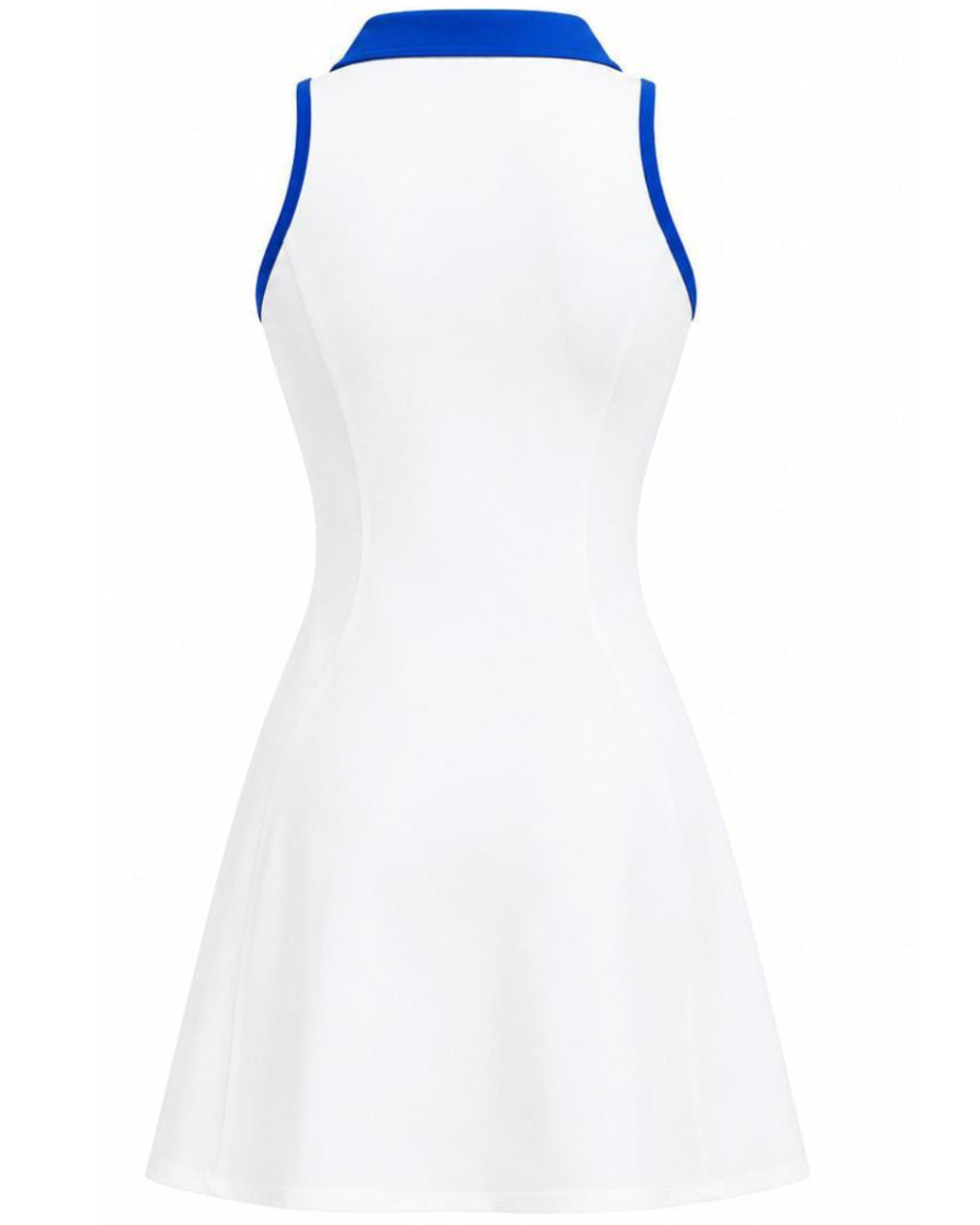 White sleeveless tennis dress with royal blue trim on the collar and armholes, shown from the back on a white background.
