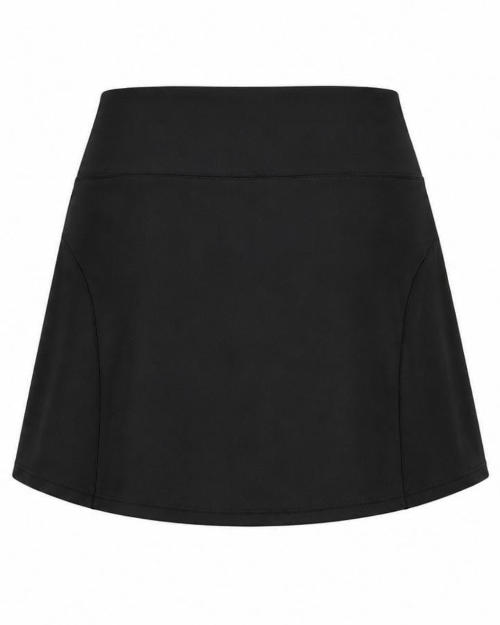 A black athletic skort with a wide waistband and flared skirt, shown from the back on a plain white background.