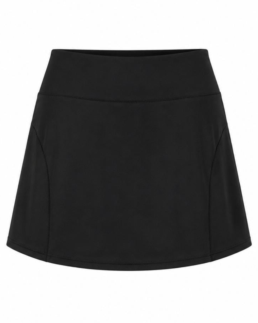 A black athletic skort with a wide waistband and flared A-line silhouette, shown against a plain white background.