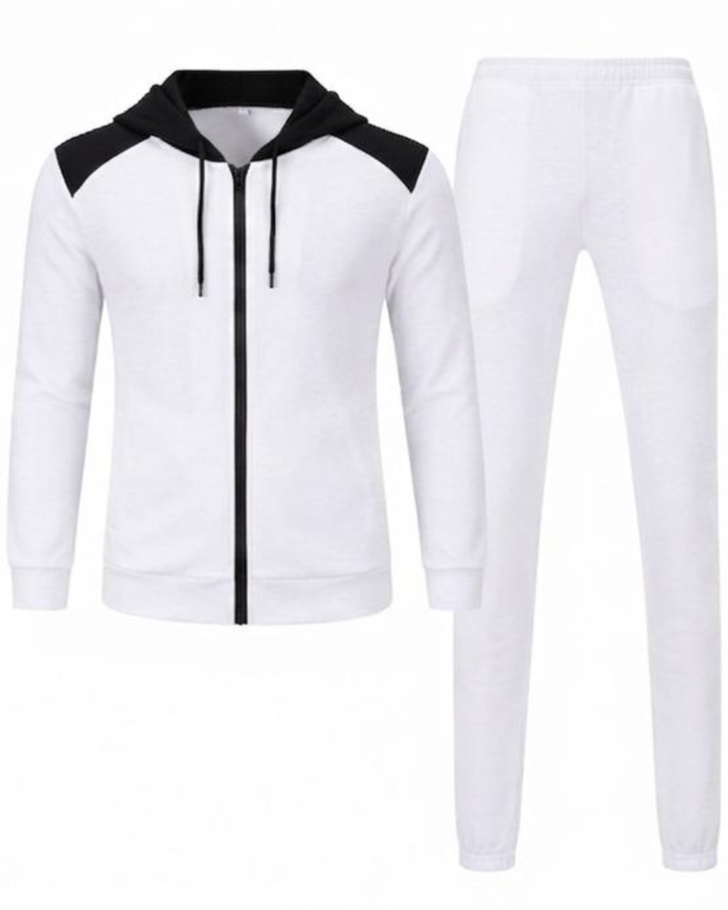 White hoodie and pants set with black accents on a white background