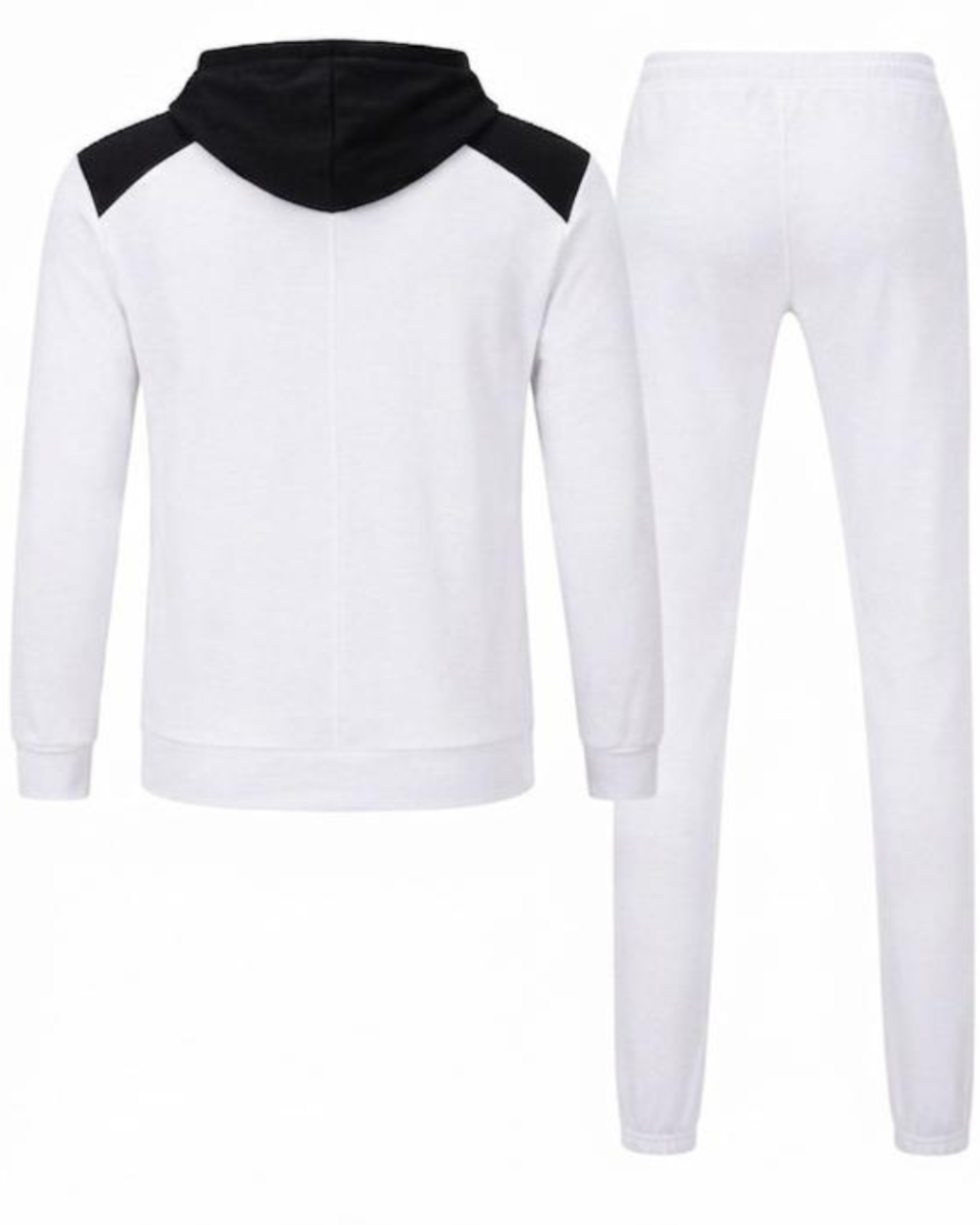 White and black hoodie and pants set on a white background