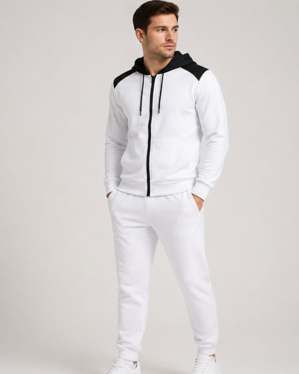 Man wearing a white and black tracksuit on a light gray background
