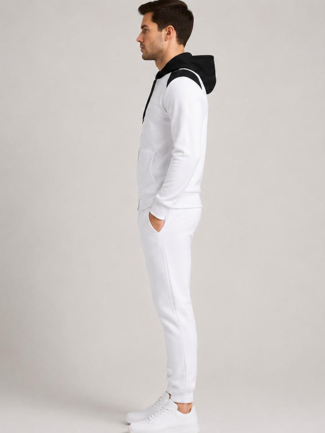 Men’s White Cotton Tracksuit Set – Zip Hoodie