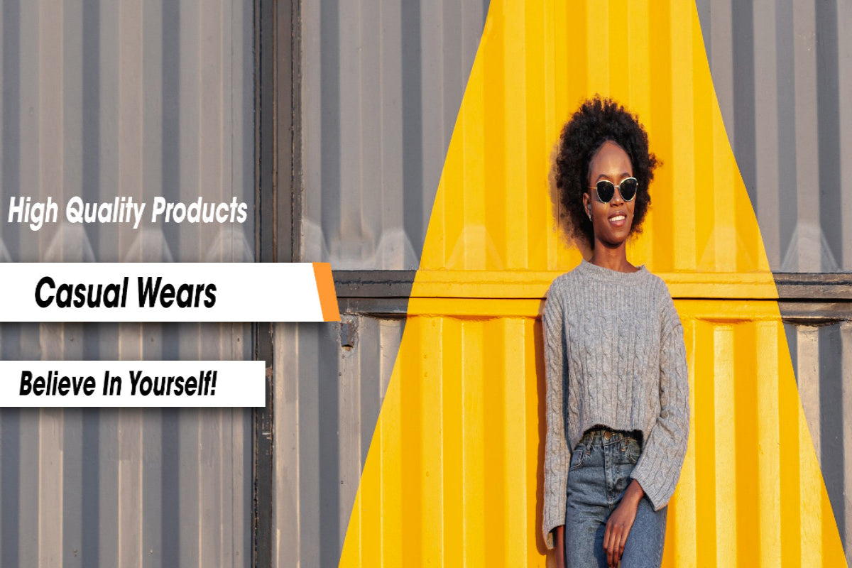 Woman standing against a yellow wall with promotional text about high-quality products and casual wears.