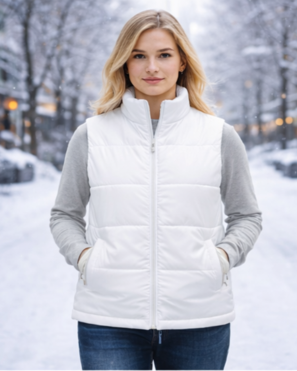 Woman wearing a white puffer vest in a snowy urban setting
