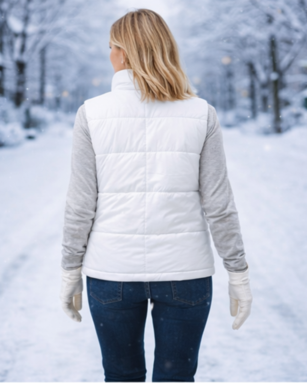 Person wearing a white puffer vest in a snowy landscape