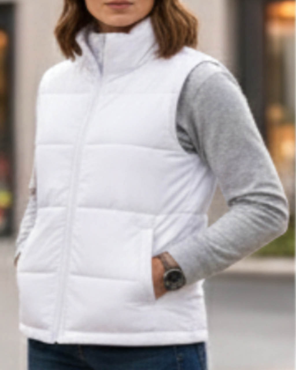 Person wearing a white puffer vest over a gray long-sleeve shirt.