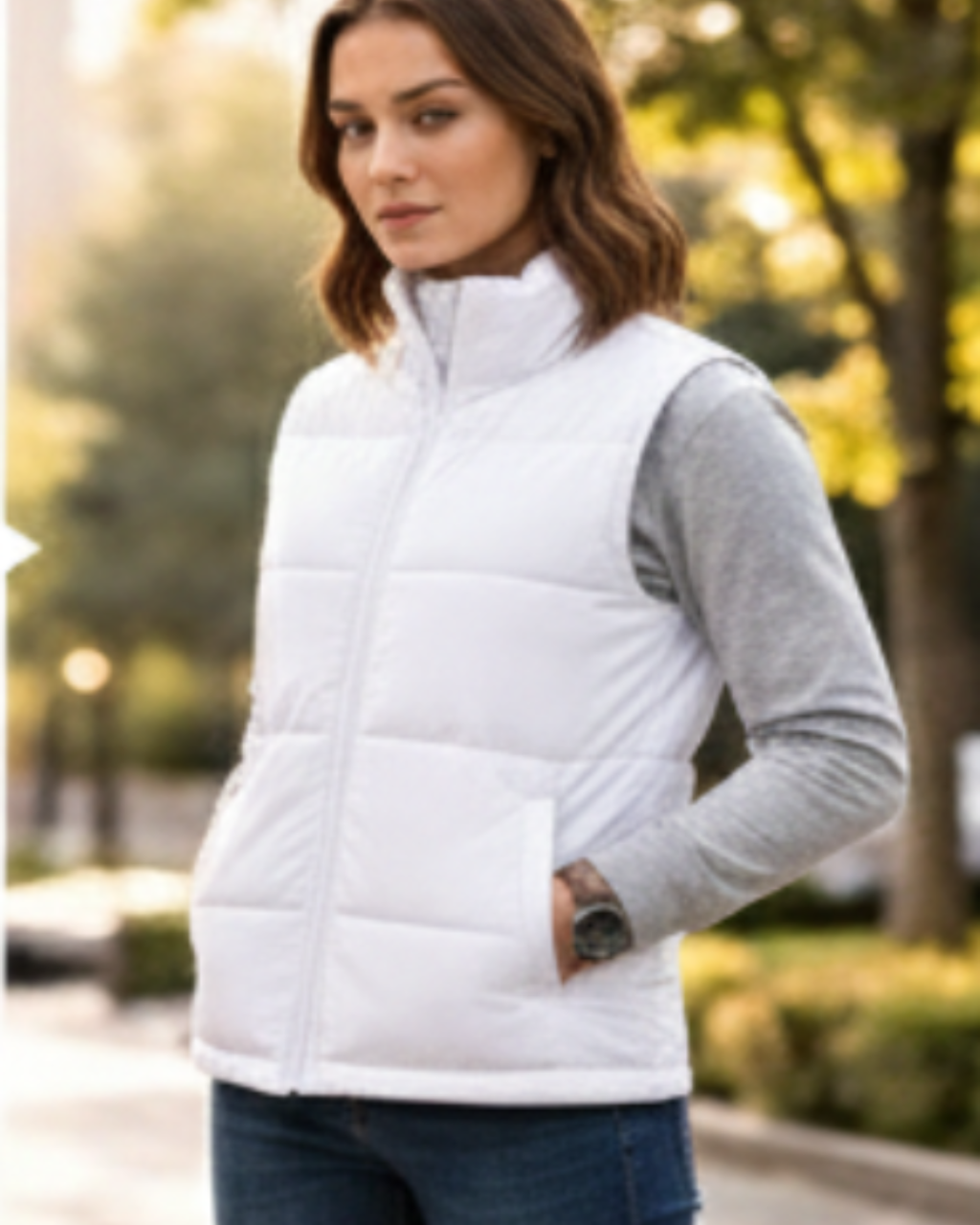 Woman wearing a white puffer vest outdoors with trees in the background