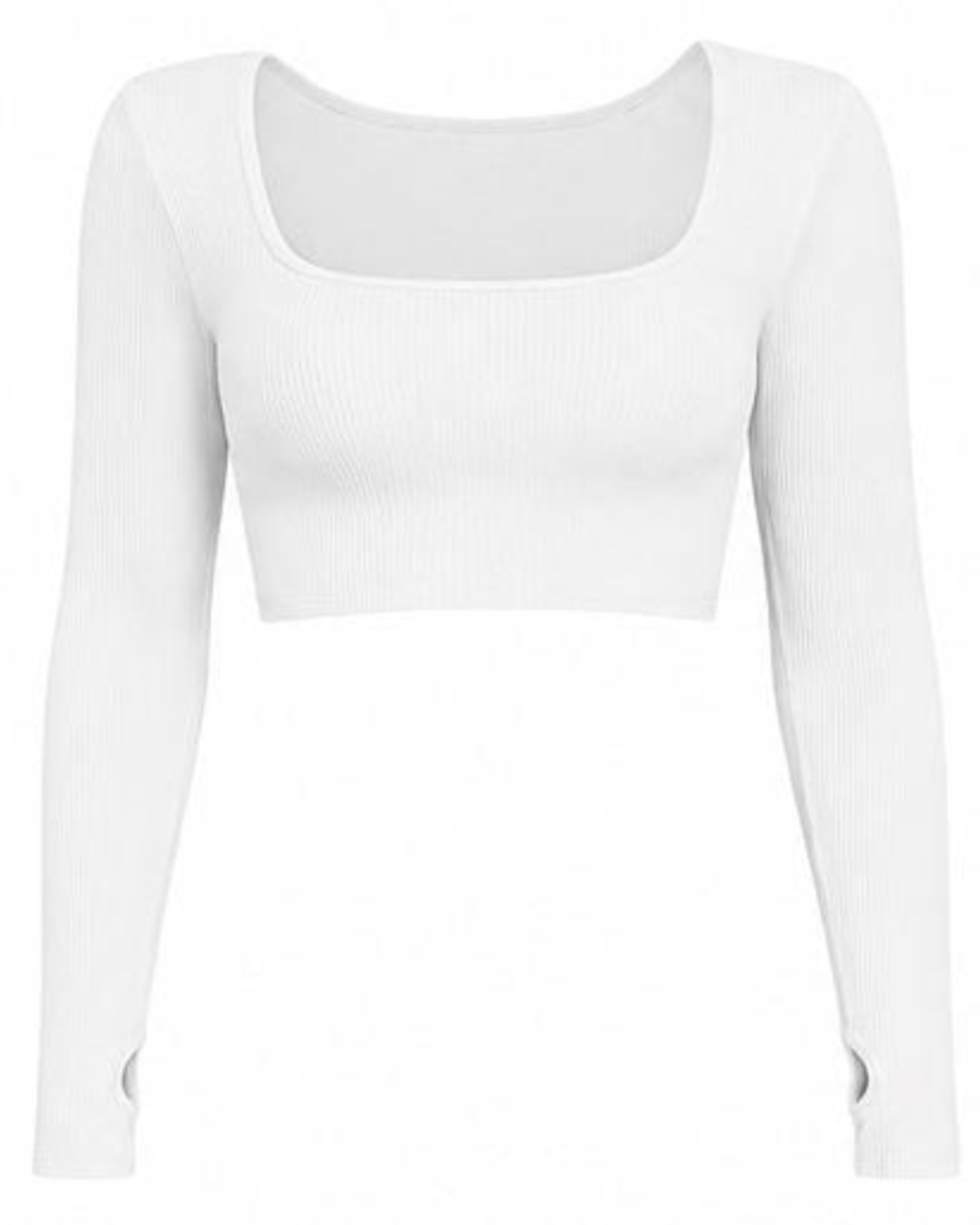 A white long-sleeve ribbed crop top with a square neckline, shown on a plain white background.