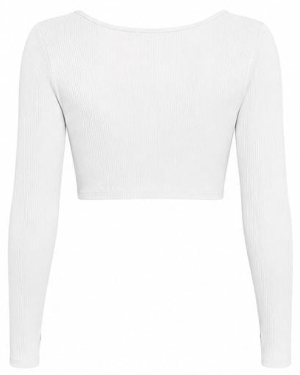 A white long-sleeve ribbed knit crop top with a wide boat neckline, shown against a plain white background.