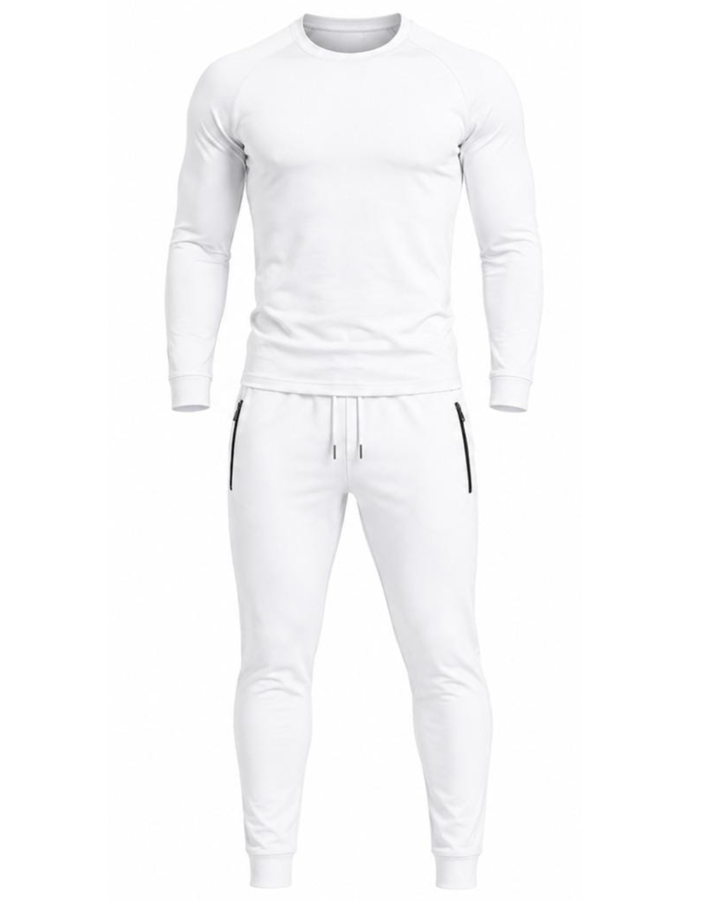 A white two-piece men's pajama set consisting of a long-sleeve crewneck shirt and matching jogger pants with black side accents, displayed on a white background.