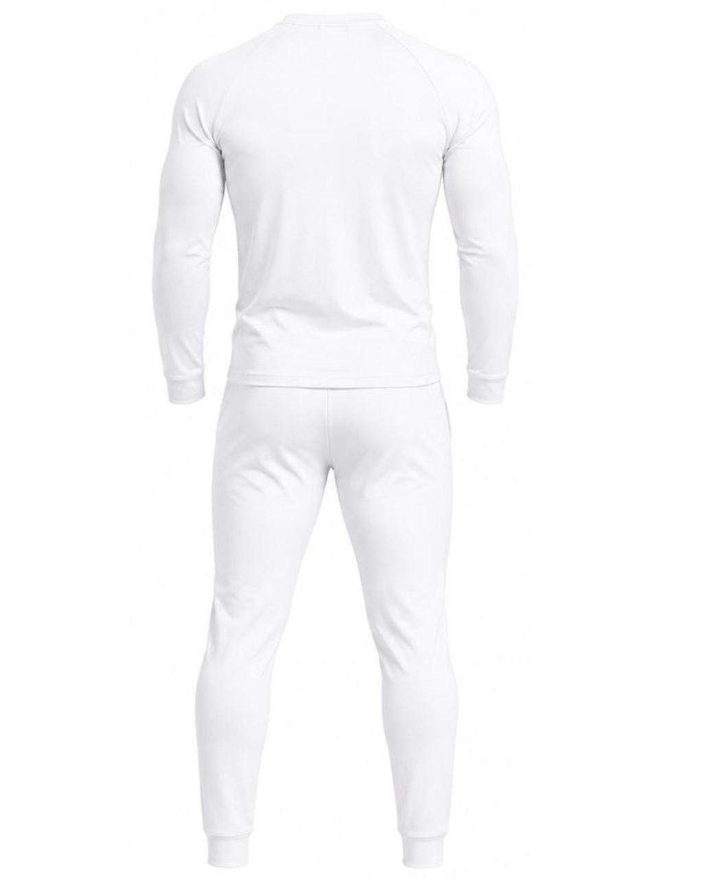 A white long-sleeve crewneck shirt and matching white pants shown from the back on a clean white background.