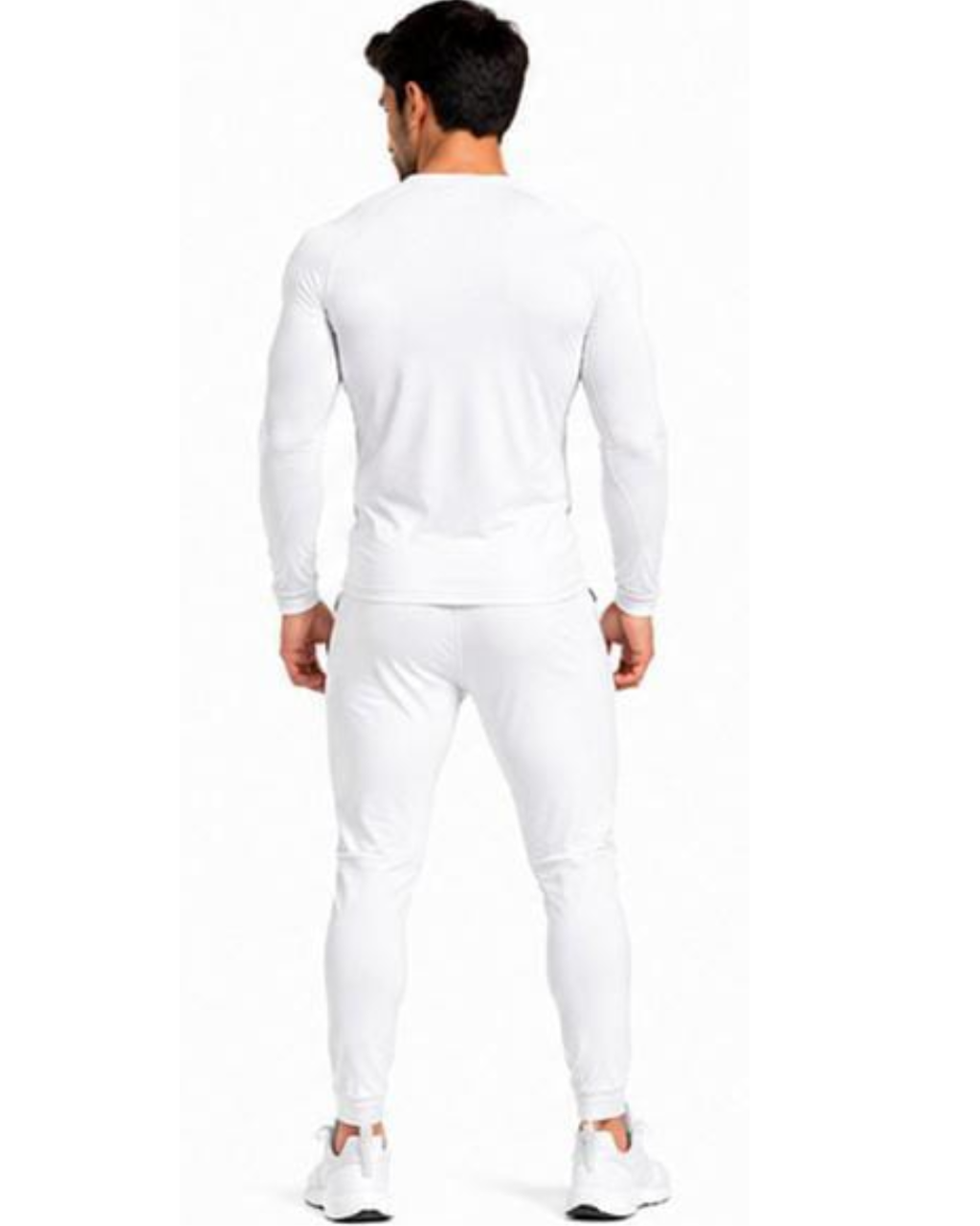 A man viewed from the back wearing a white long-sleeve athletic top and matching white jogger pants, standing against a plain white studio background.