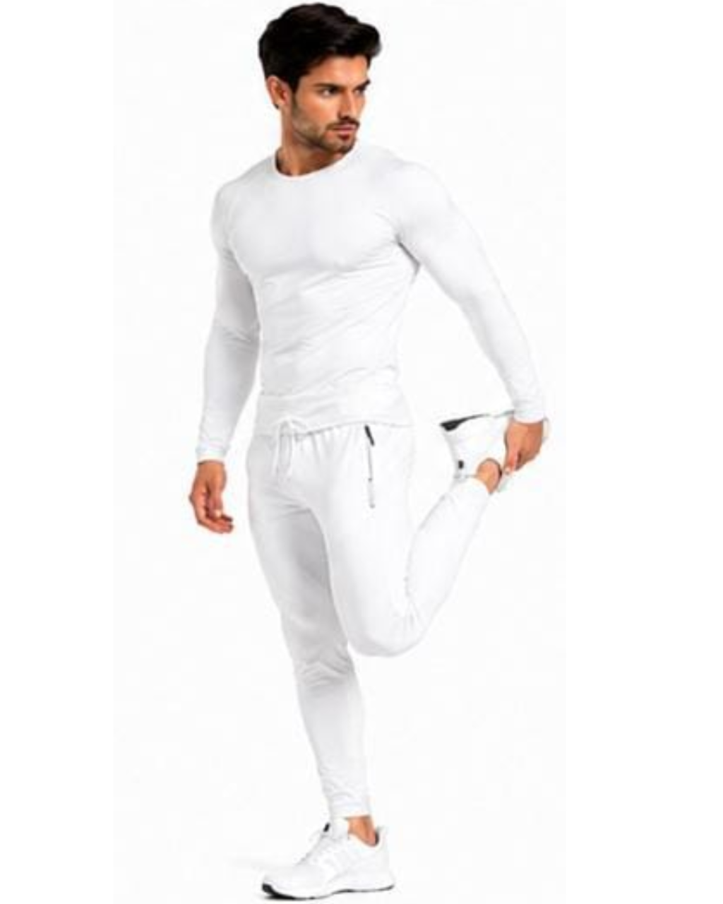 A man modeling a white long-sleeve athletic shirt and matching white jogger pants against a plain white background.