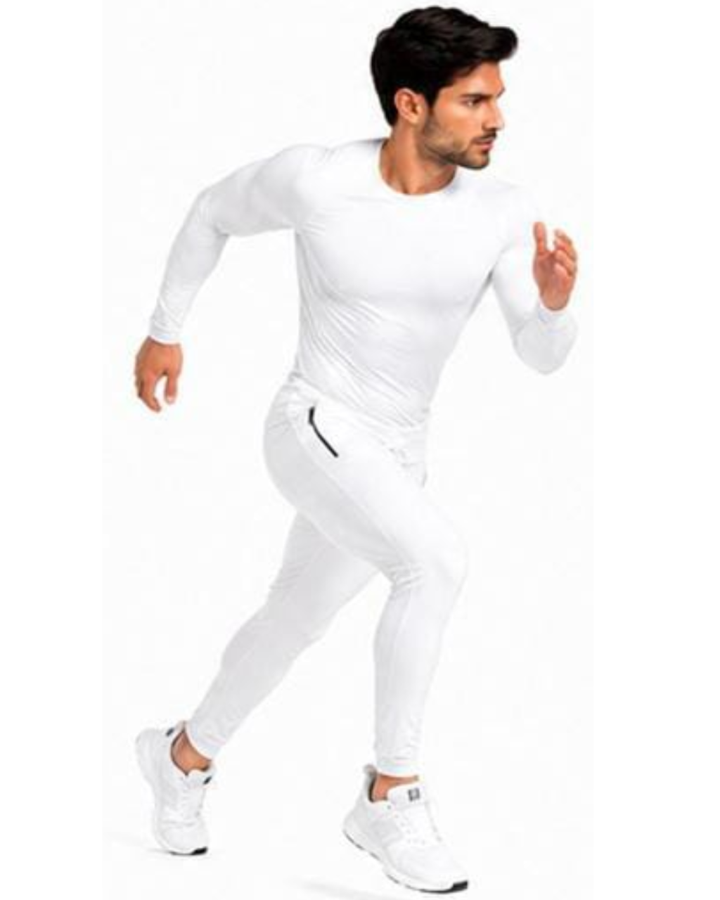 A man in a white long-sleeve athletic shirt and matching white jogger pants with white sneakers, posed mid-stride against a plain white background.