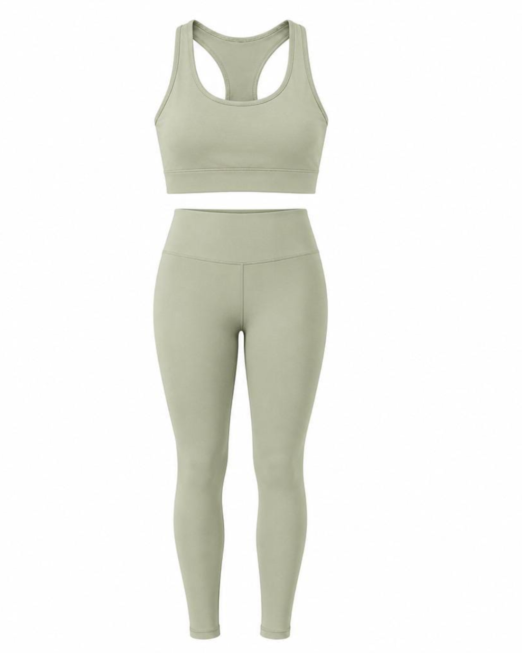 A two-piece athletic set featuring a racerback sports bra and high-waisted leggings in a solid sage green color, displayed on a clean white background.