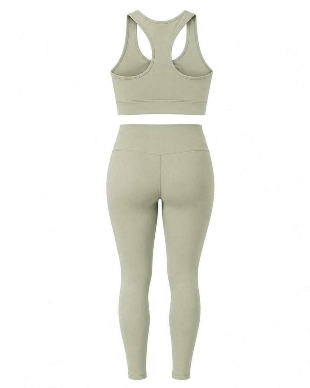 A two-piece women's activewear set in a muted sage green color, featuring a racerback sports bra and high-waisted leggings, displayed on a clean white background.