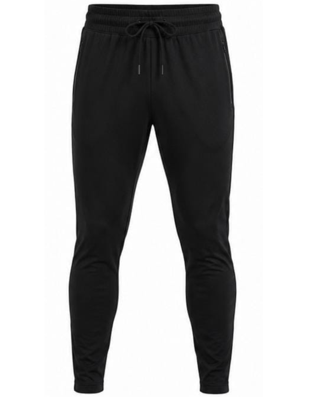 Black slim-fit jogger pants with an elastic drawstring waistband, shown on a plain white background.