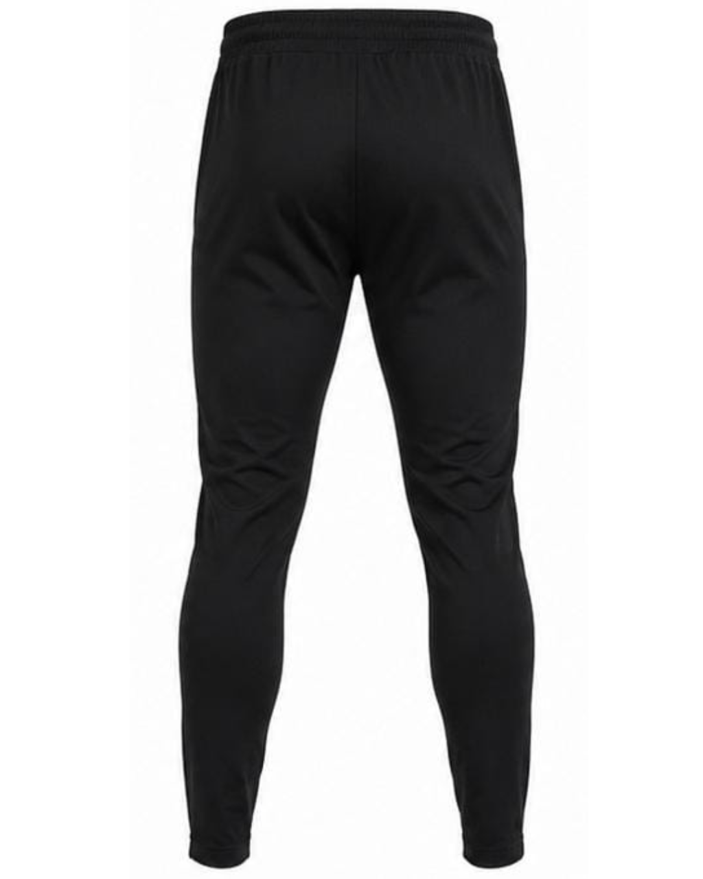 Black athletic pants shown from the back, featuring an elastic waistband and tapered legs, on a plain white background.