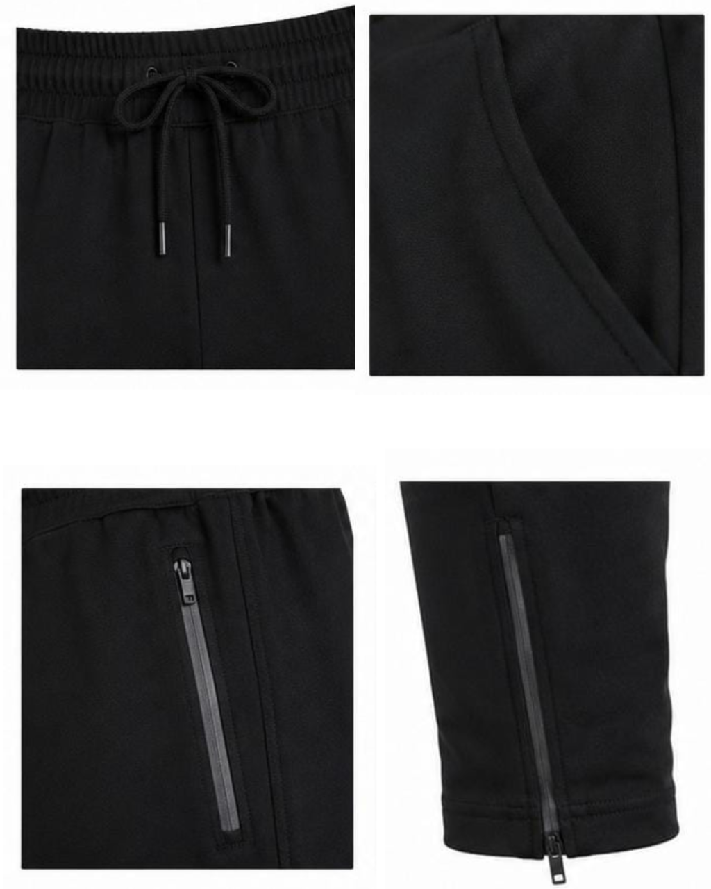 Black sweatpants shown in a four-panel detail collage, featuring the elastic drawstring waistband, a side pocket, a zippered pocket, and the lower leg with a vertical zip.