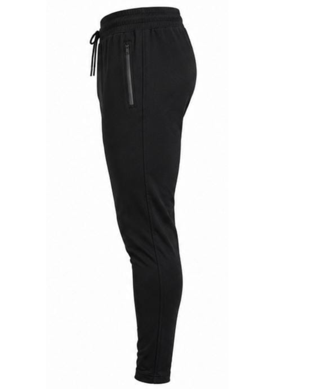 Black slim-fit jogger pants with an elastic drawstring waist and a vertical zippered pocket on the side, shown from a side profile view against a plain white background.