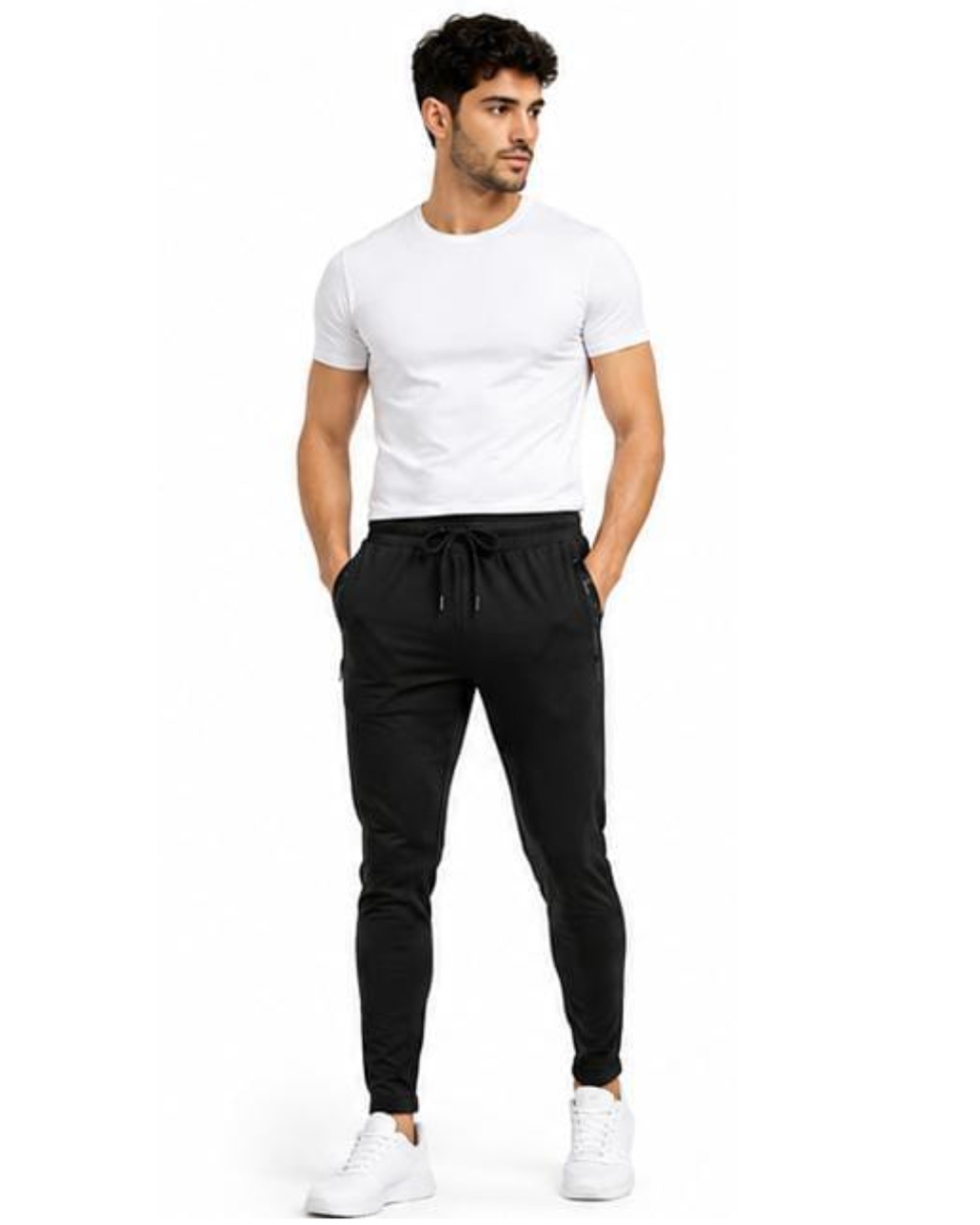 A man modeling black jogger pants with a drawstring waist, paired with a white t-shirt and white sneakers, against a plain white background.