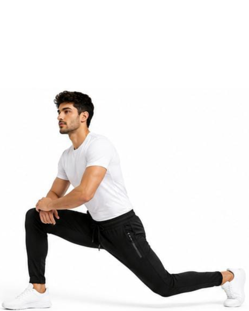 A man in a white t-shirt and black athletic pants performing a lunge stretch on a solid white background.