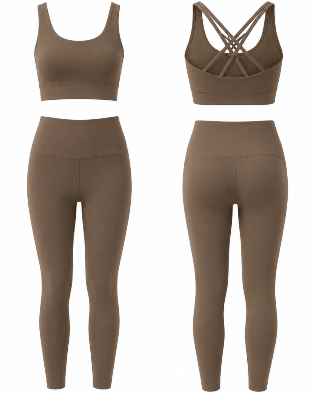 Brown sports bra and leggings set on a white background