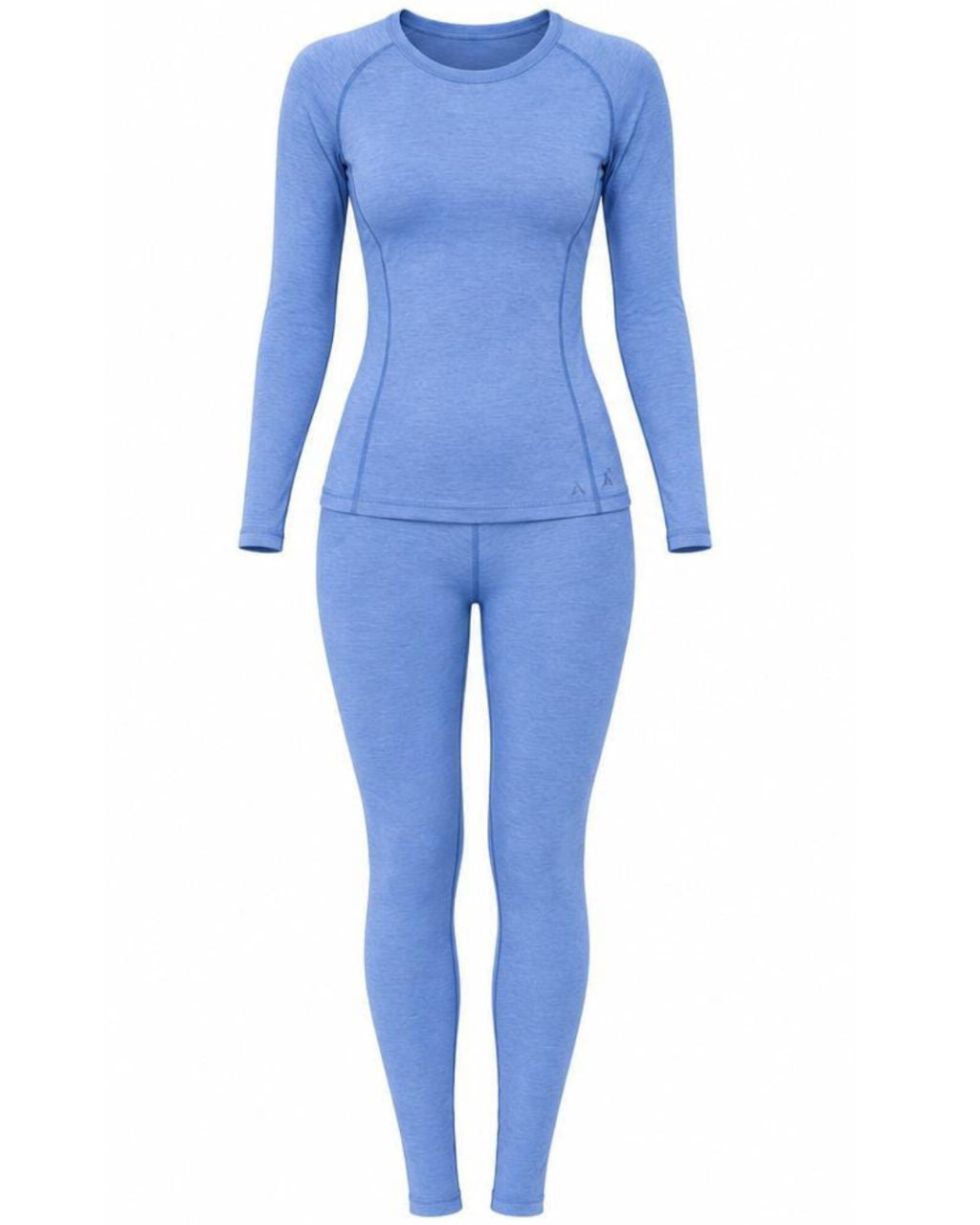 A women's two-piece thermal underwear set in a heathered periwinkle blue color, featuring a long-sleeve crewneck top and matching full-length leggings, shown on a plain white background.