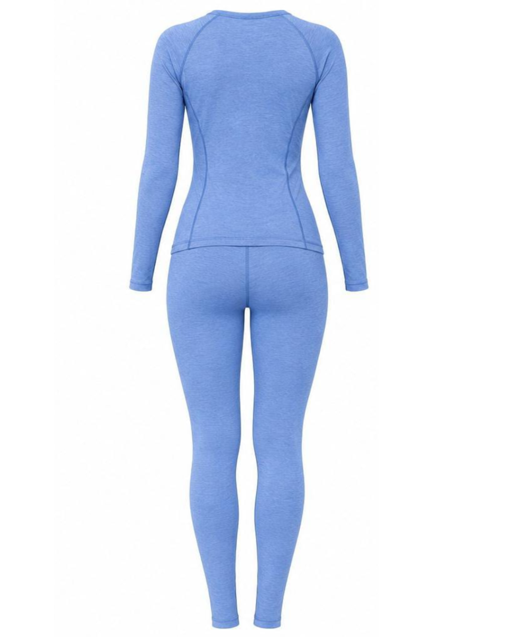 A light blue two-piece activewear set consisting of a long-sleeve top and matching leggings, shown from the back on a plain white background.