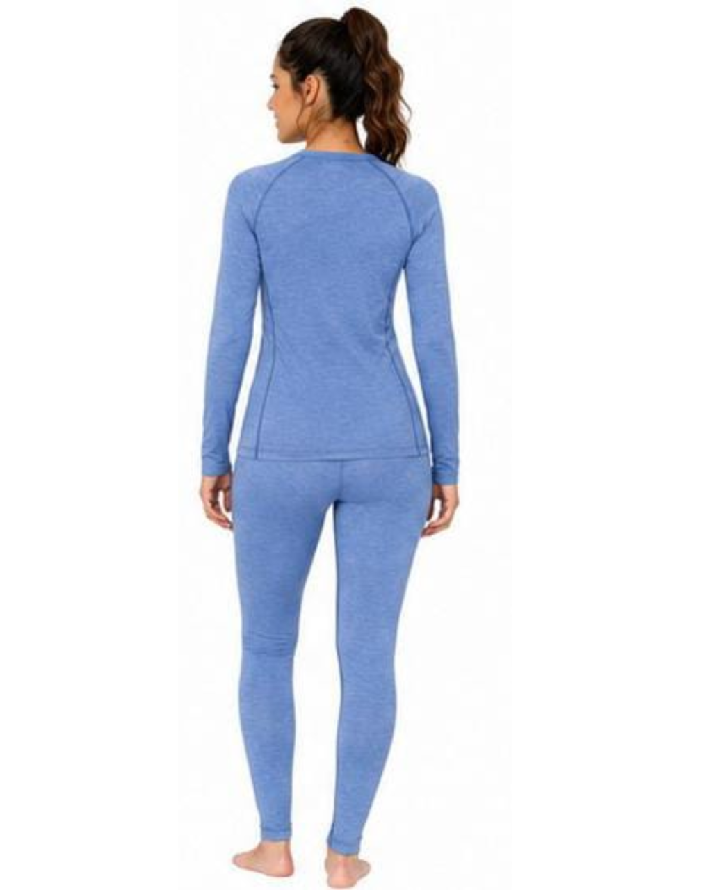 A woman shown from the back wearing a matching heathered blue long-sleeve top and leggings set against a plain white background.
