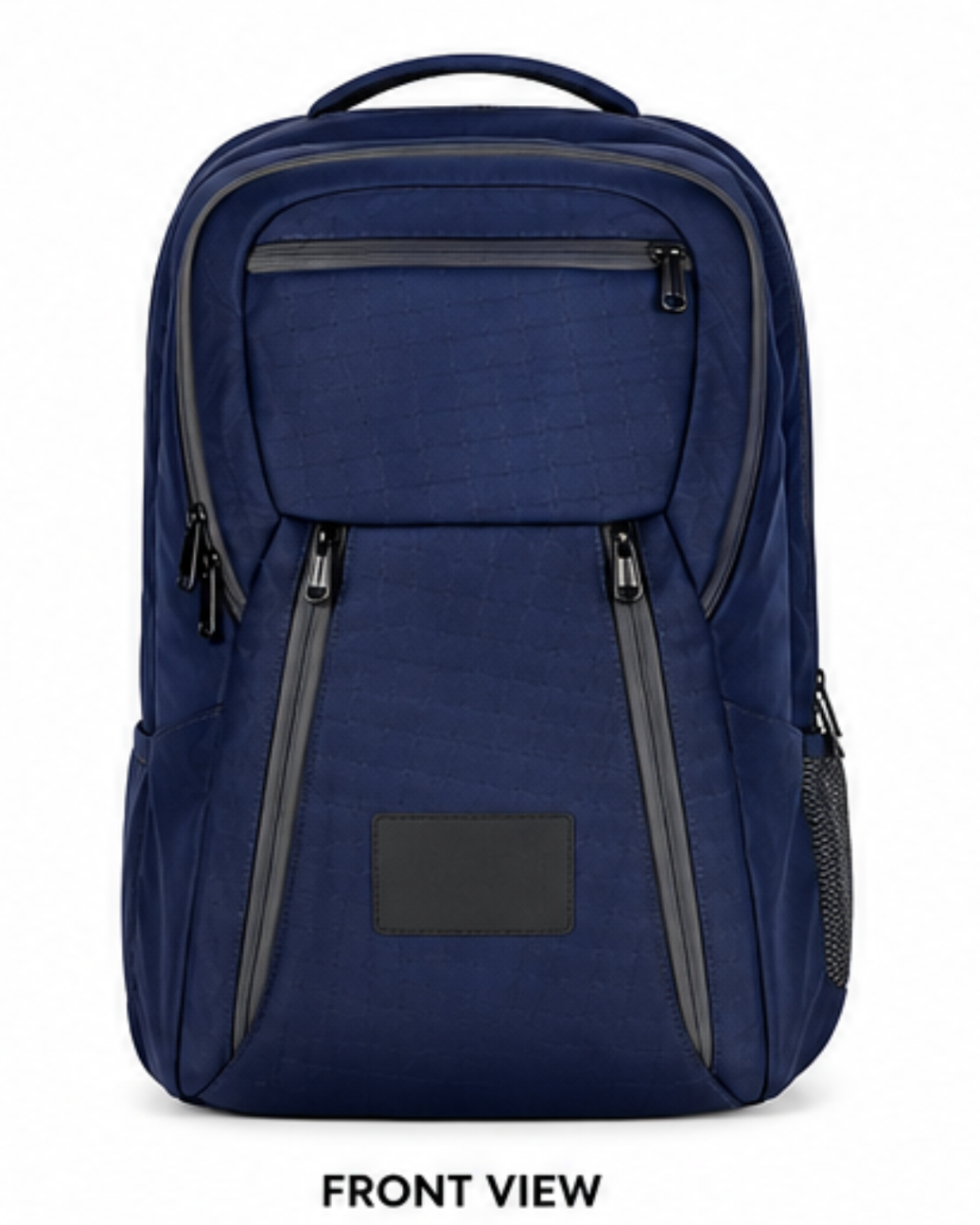 A navy blue backpack with dark gray accents and zippers, shown from a front-facing perspective on a white background with the text 'FRONT VIEW' underneath.