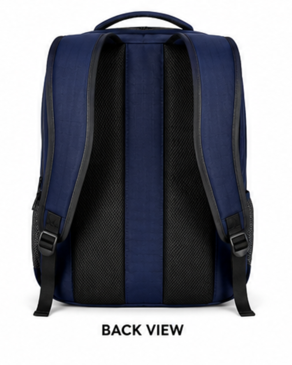 A navy blue and black backpack shown from the back, featuring a padded back panel, side straps, and top carry handle, on a white background with 'BACK VIEW' text below.