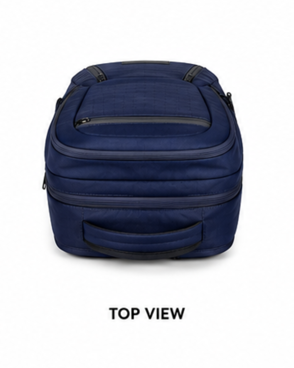 A navy blue soft-sided rolling suitcase or duffel bag shown from a top-down view on a white background, with the text 'TOP VIEW' printed below.