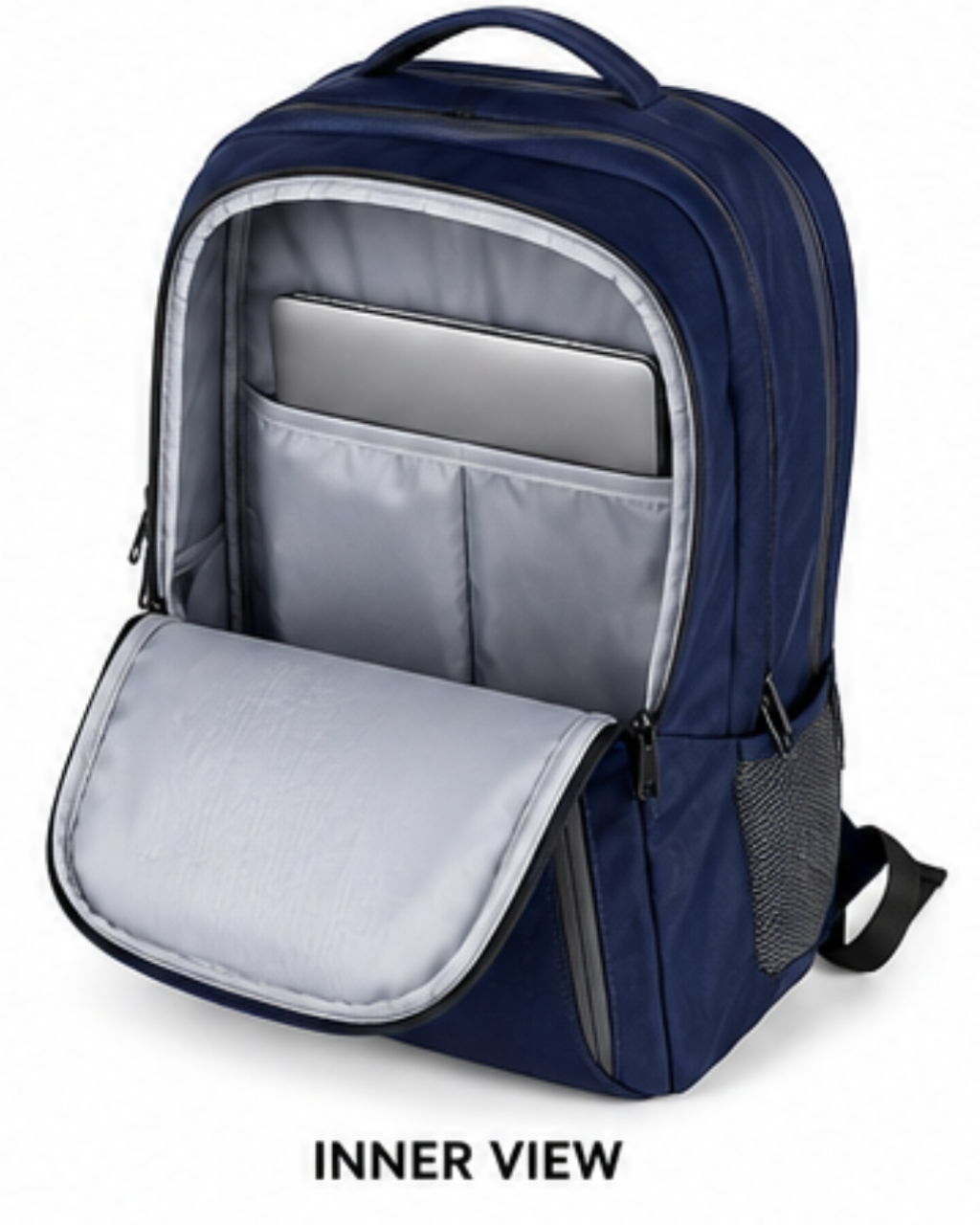 A navy blue backpack shown open to display its interior layout, with a laptop tucked into the top compartment and a zippered inner pocket. The words 'INNER VIEW' are printed below the backpack on a white background.