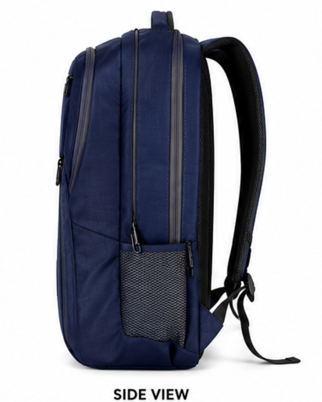 A navy blue backpack shown from the side view against a white background, featuring a side mesh pocket and black shoulder straps.