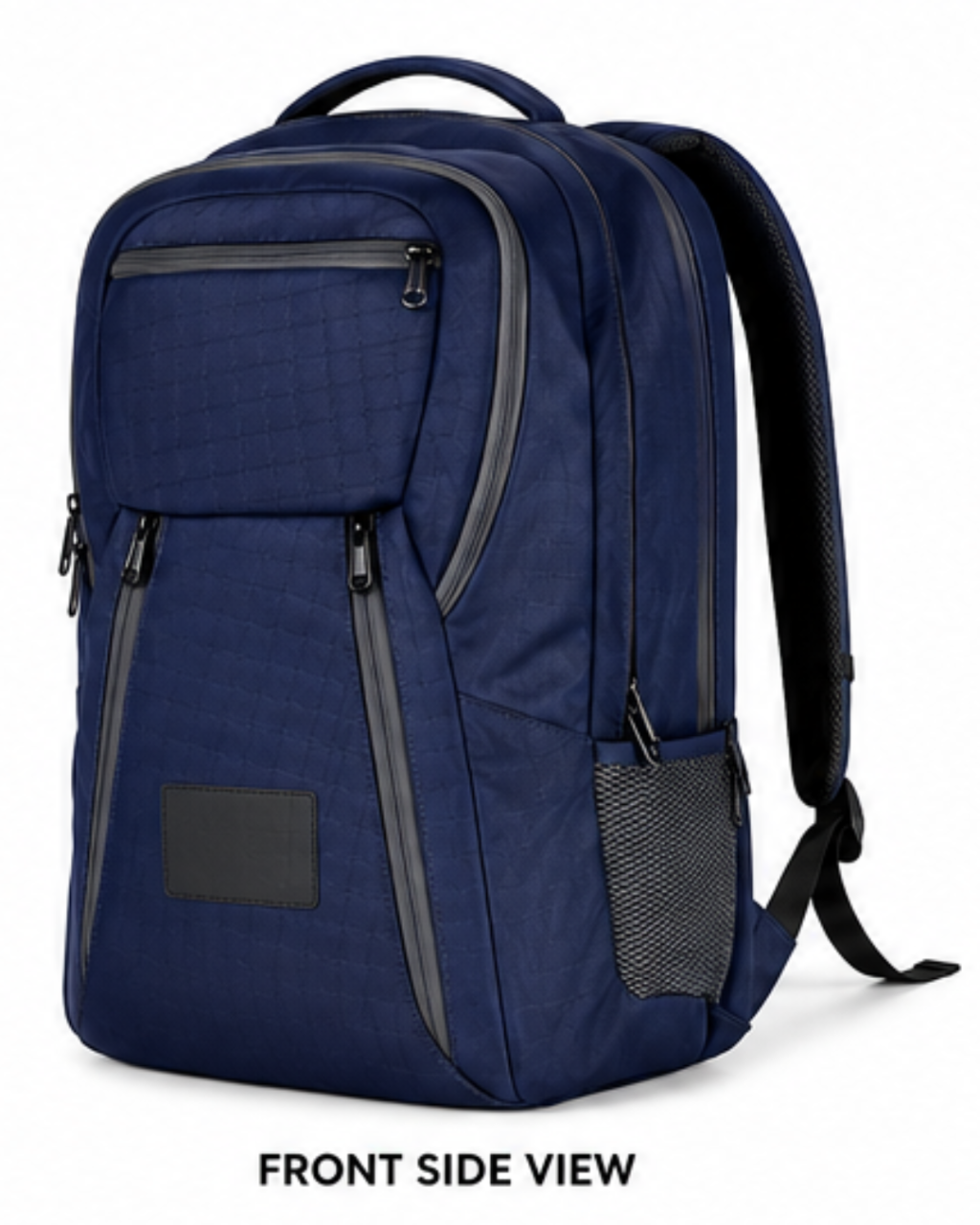 A navy blue backpack with gray accents, shown from the front side view on a white background with 'FRONT SIDE VIEW' text below.