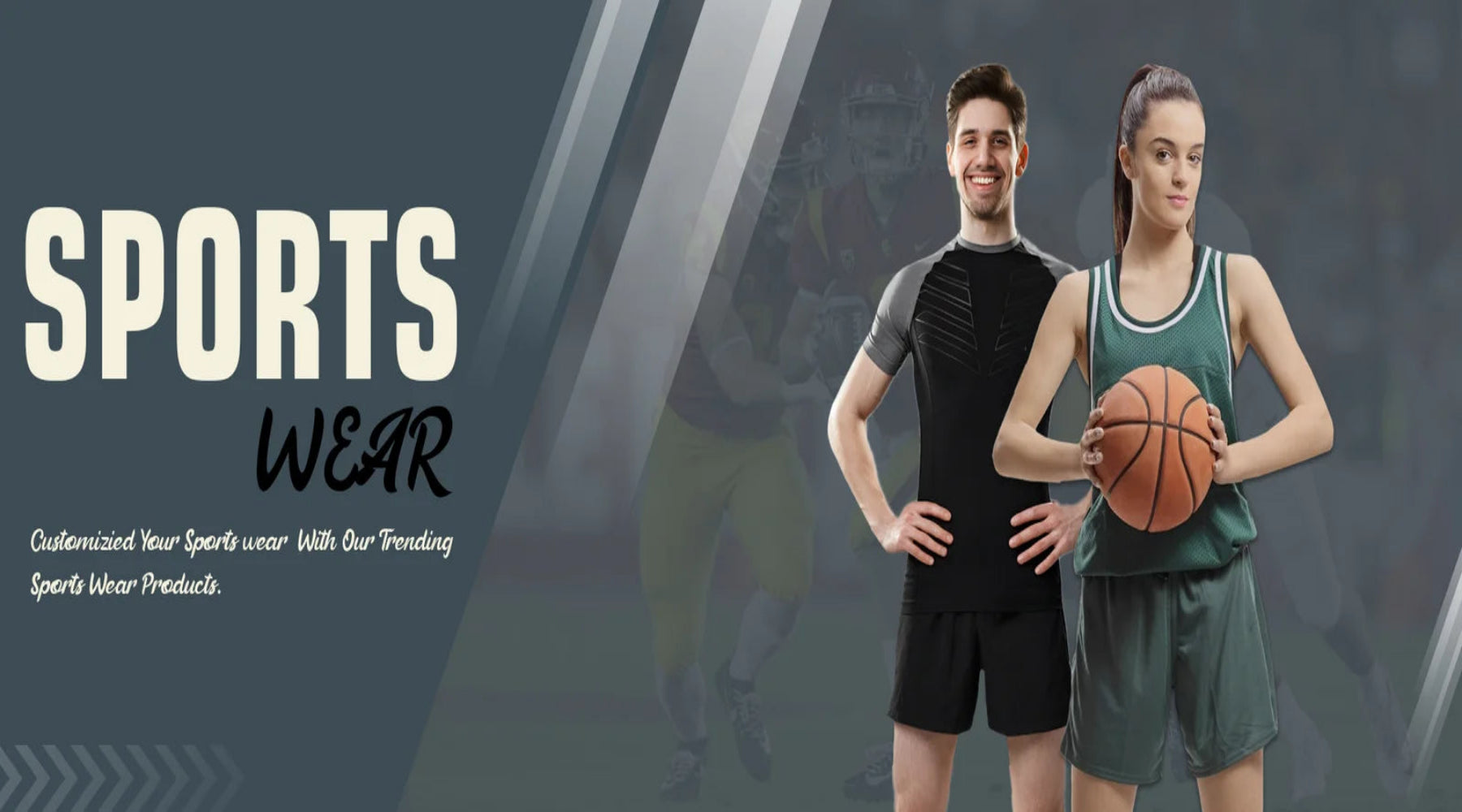 Two people in sports wear with a basketball, against a dark background with 'Sports Wear' text.