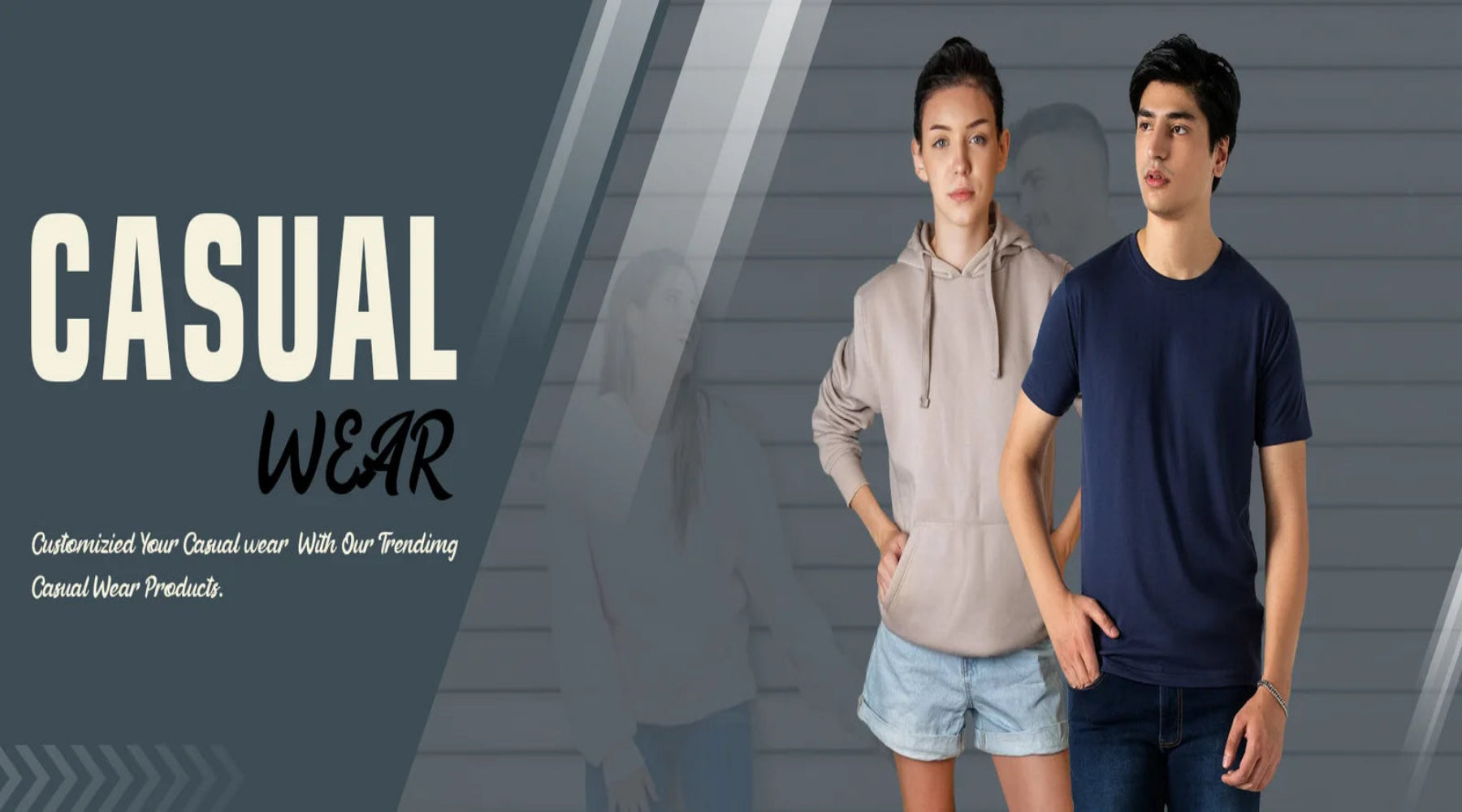 Two people wearing casual clothing with 'Casual Wear' text on a dark background