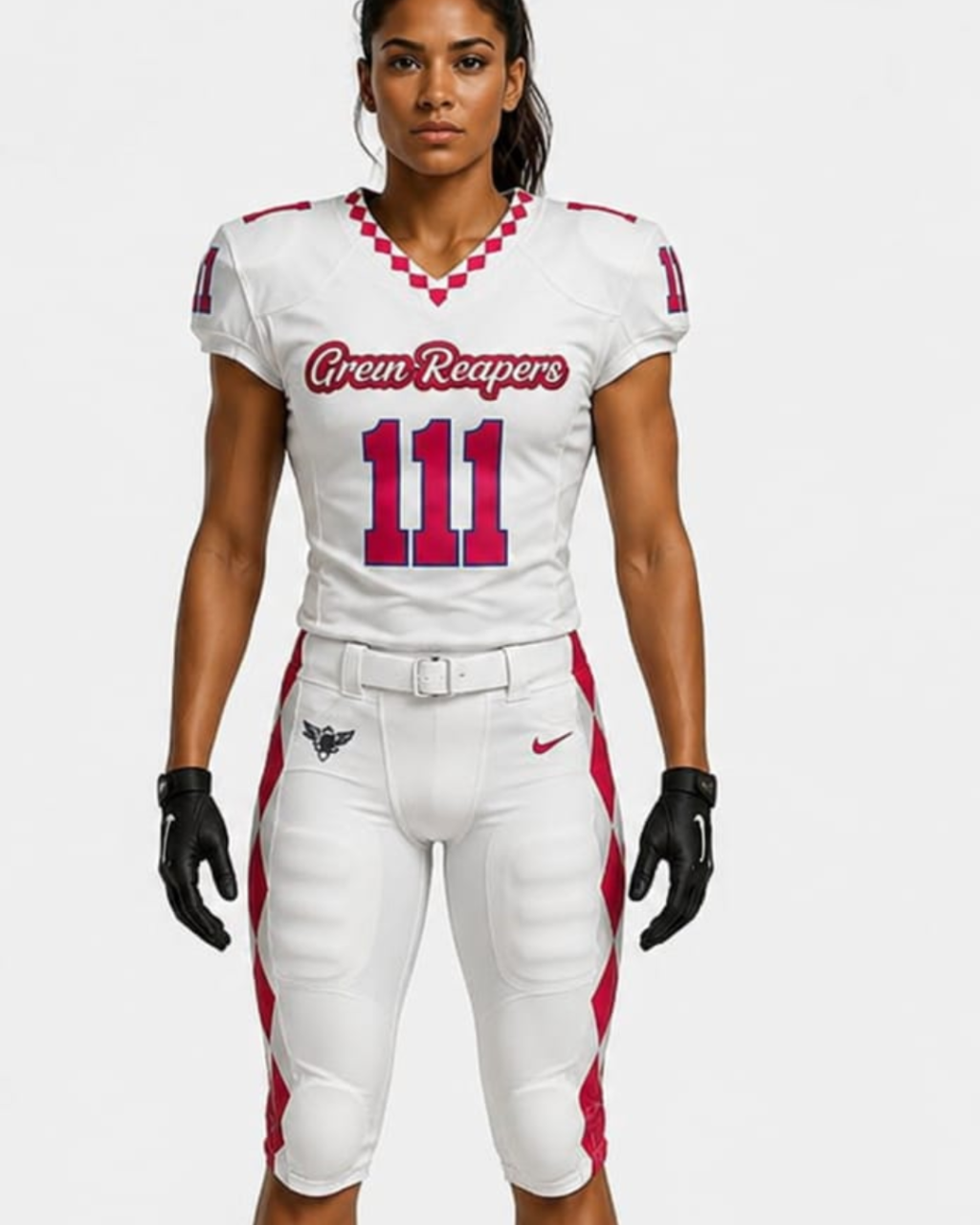 A female model wearing a white and pink football uniform with 'Green Reapers' and the number '111' on the front, paired with matching pants, black gloves, and a white Nike logo on the thigh.