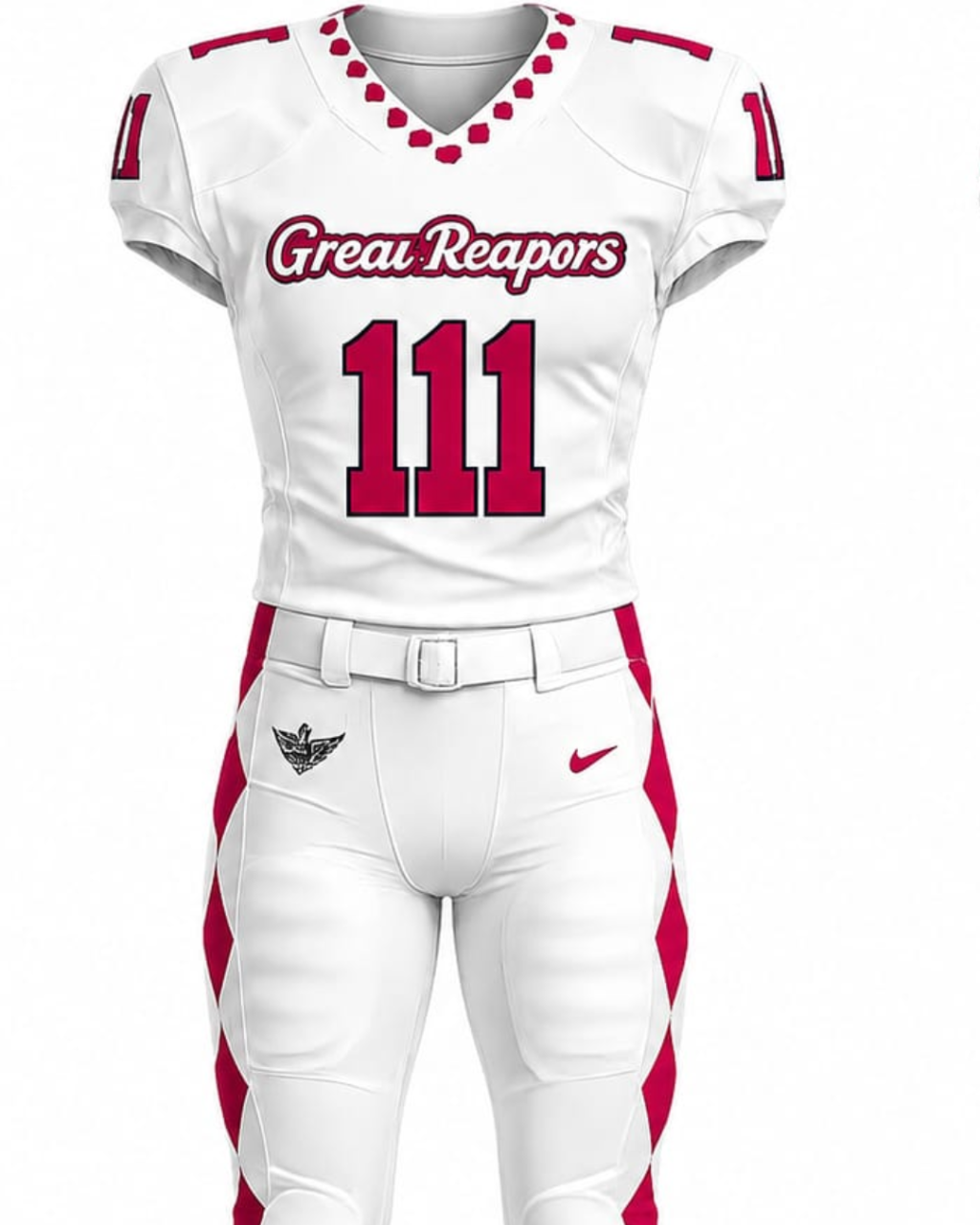 A white football uniform set with bright pink accents, featuring the text 'Great Reapers' and the number '11' on the front, with a Nike logo on the thigh.