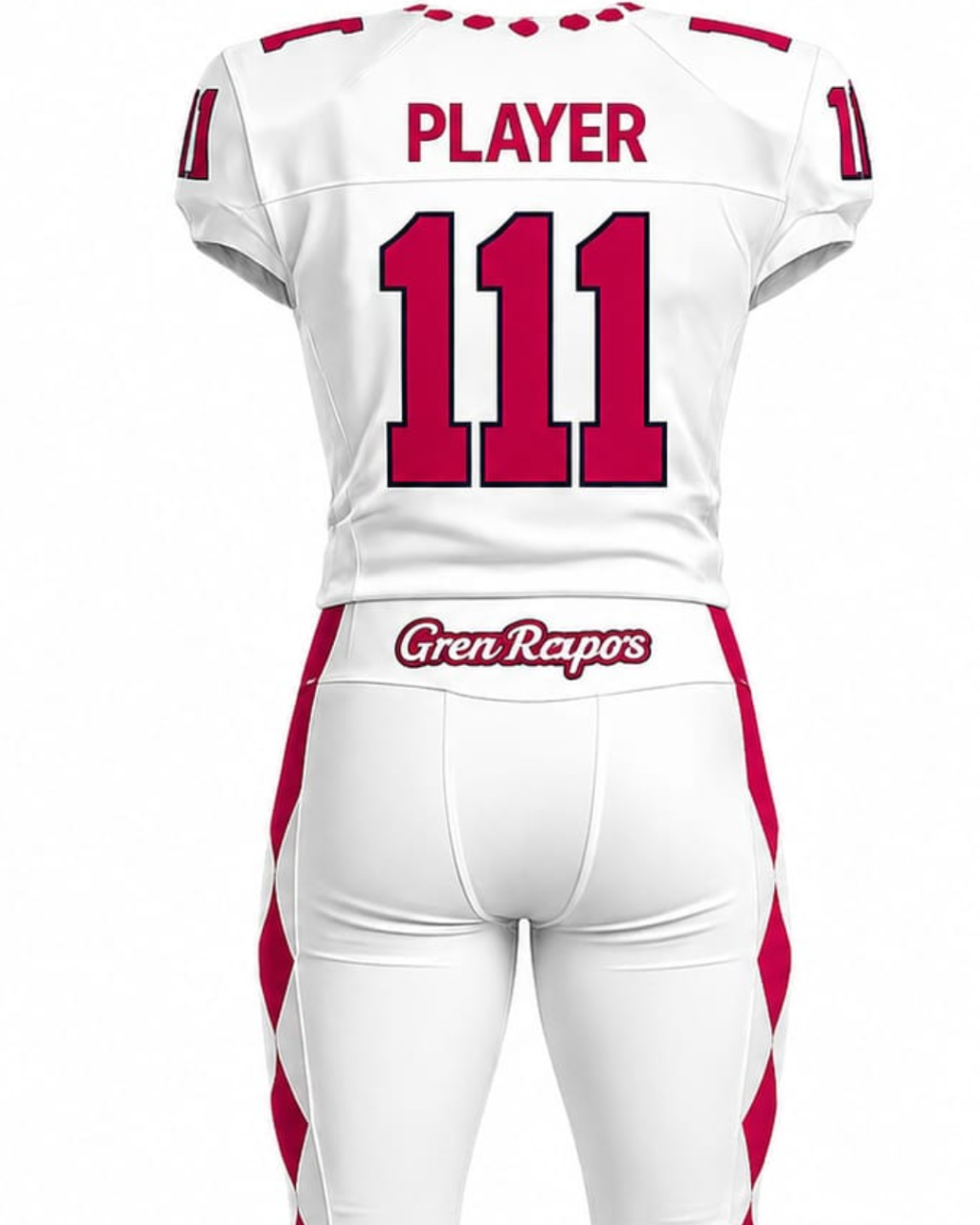 White custom football jersey and matching pants set shown from the back, featuring the name 'PLAYER' and number '111' in red, with 'Gren Rapos' text on the waistband.