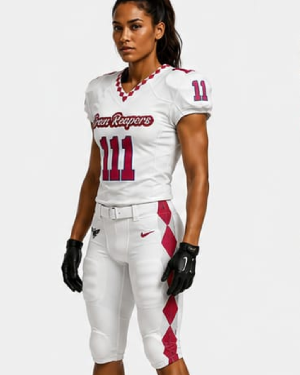 A female athlete modeling a white and maroon Crimson Reapers football uniform with the number 11, black gloves, and a Nike logo on the thigh, set against a plain light gray background.