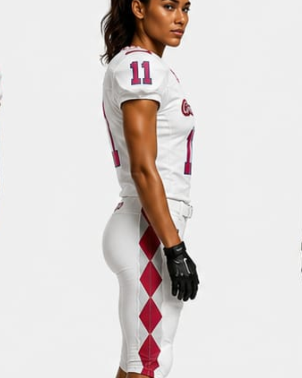 A woman modeling a white football uniform with red and purple accents, including the number 11 on the back and a red diamond pattern on the pants, against a light gray background.